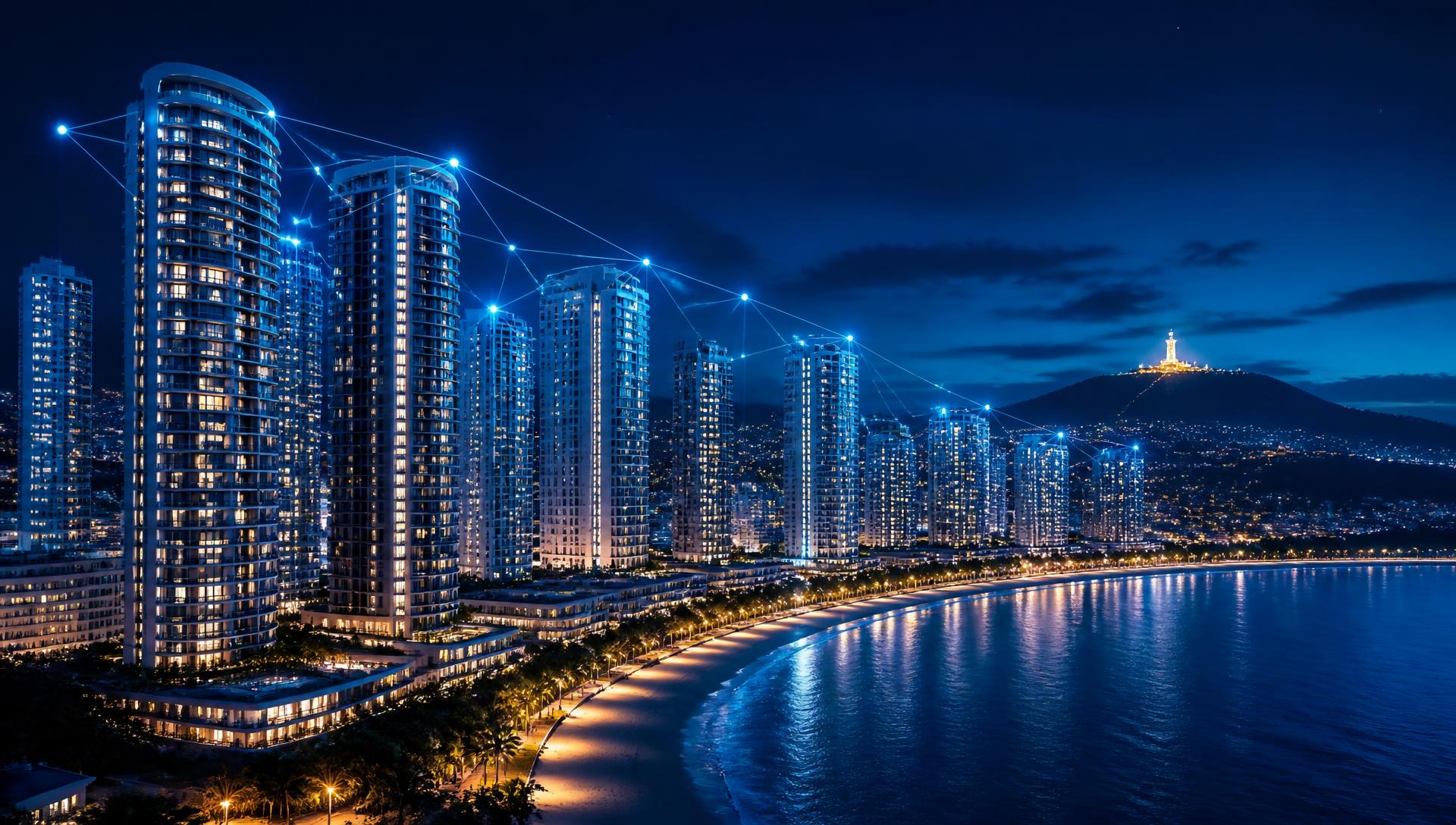 Skyline noturno de torres residenciais à beira-mar conectadas por uma malha de luz